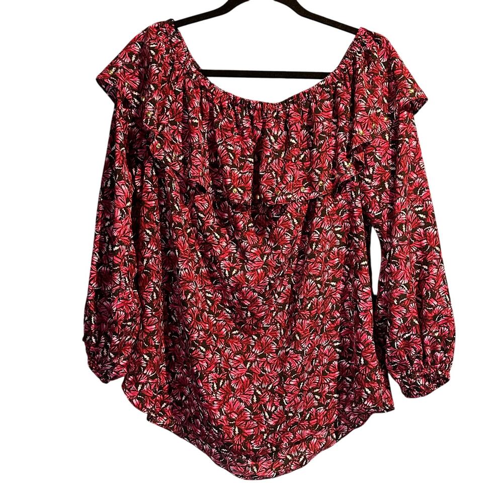 Michael Kors Size XL 3/4 sleeve blouse Boho Red Black Pink Ruffle Neck Studs
